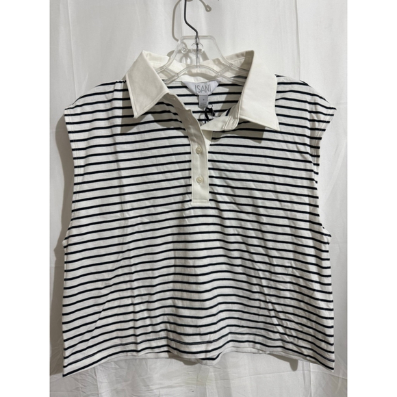 Women's Isani Off-White Black Stripe Sleeveless Collared Knit Top M - Picture 1 of 6